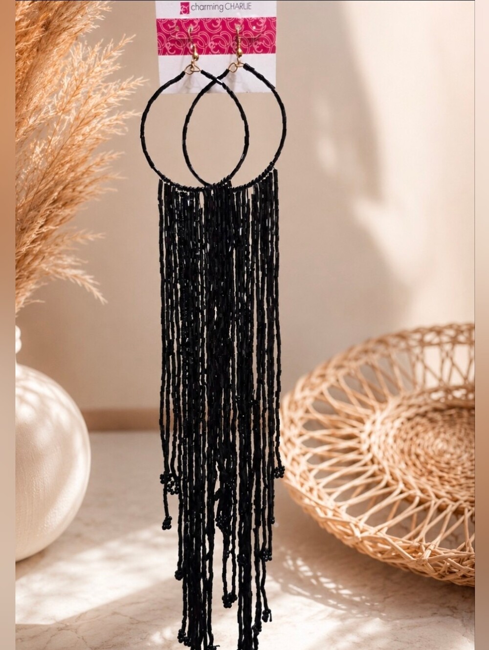 Vintage Y2K Charming Charlie Black Beaded Fringe Hoop Earrings